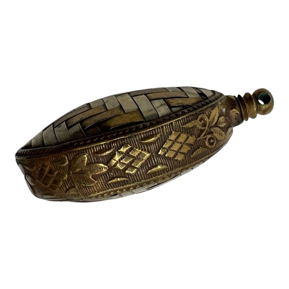 Antique Brass and Silver toned Inlay Pendant, Woven Design, Handcrafted, 2”‎ - Picture 7 of 8